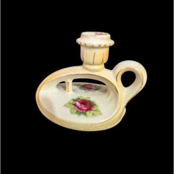 Vintage Ceramic Porcelain Chamberstick Candle Holder With Pink Rose Design ag - Picture 4 of 11